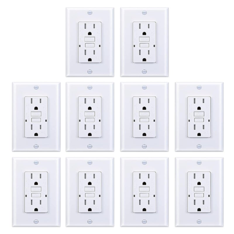 3GRACE 15 Amp GFCI Outlet, Tamper-Resistant GFI Receptacle with LED Indicator, Self-Test Ground Fault Circuit Interrupter, Decorator Wall Plates and Screws Included, UL Listed, White（10 Pack） - Image 1